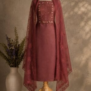 Bronze Flora Embroidered Dress Material with floral embroidery and matching embroidered net dupatta