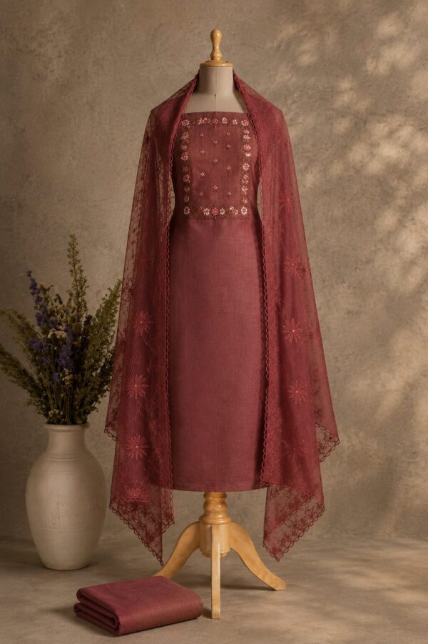Bronze Flora Embroidered Dress Material with floral embroidery and matching embroidered net dupatta