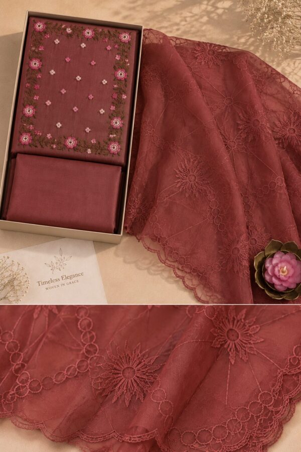 Bronze Flora Embroidered Dress Material with floral embroidery and matching embroidered net dupatta