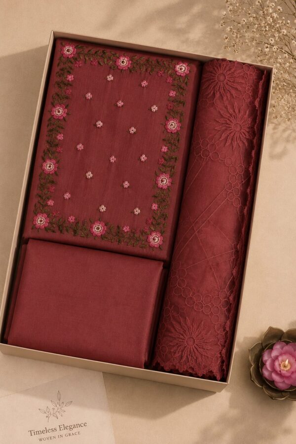 Bronze Flora Embroidered Dress Material with floral embroidery and matching embroidered net dupatta