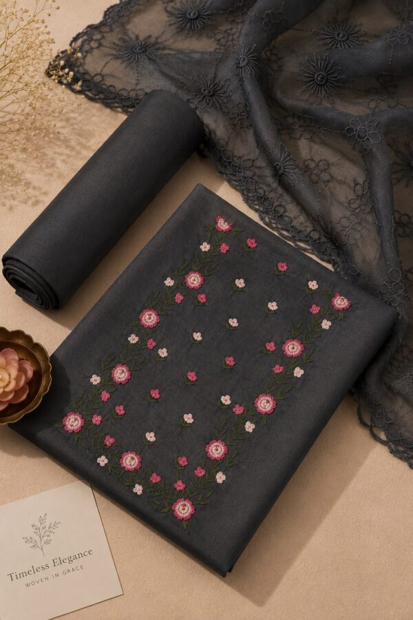 MJ202 (1) Grey Aura Dress Material with floral embroidery and matching embroidered dupatta