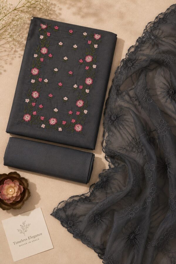 MJ202 (2) Grey Aura Dress Material with floral embroidery and matching embroidered dupatta