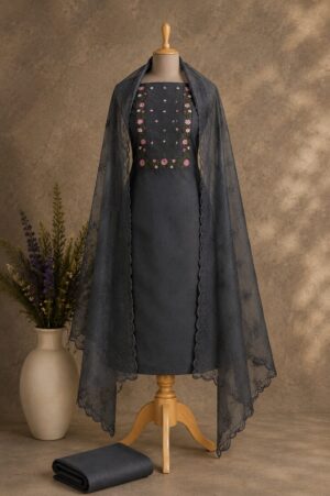 MJ202 (3) Grey Aura Dress Material with floral embroidery and matching embroidered dupatta