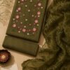 MJ203 (1) Olive Bloom Rayon Chudi Material with floral embroidery and matching embroidered net dupatta