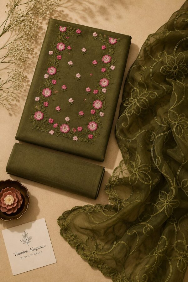 MJ203 (1) Olive Bloom Rayon Chudi Material with floral embroidery and matching embroidered net dupatta