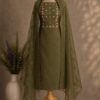 MJ203 (2) Olive Bloom Rayon Chudi Material with floral embroidery and matching embroidered net dupatta