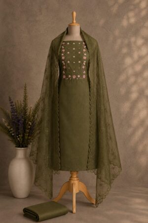 MJ203 (2) Olive Bloom Rayon Chudi Material with floral embroidery and matching embroidered net dupatta