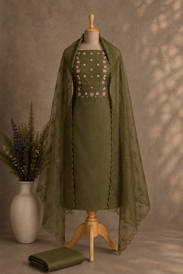 MJ203 (2) Olive Bloom Rayon Chudi Material with floral embroidery and matching embroidered net dupatta