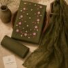 MJ203 (3) Olive Bloom Rayon Chudi Material with floral embroidery and matching embroidered net dupatta