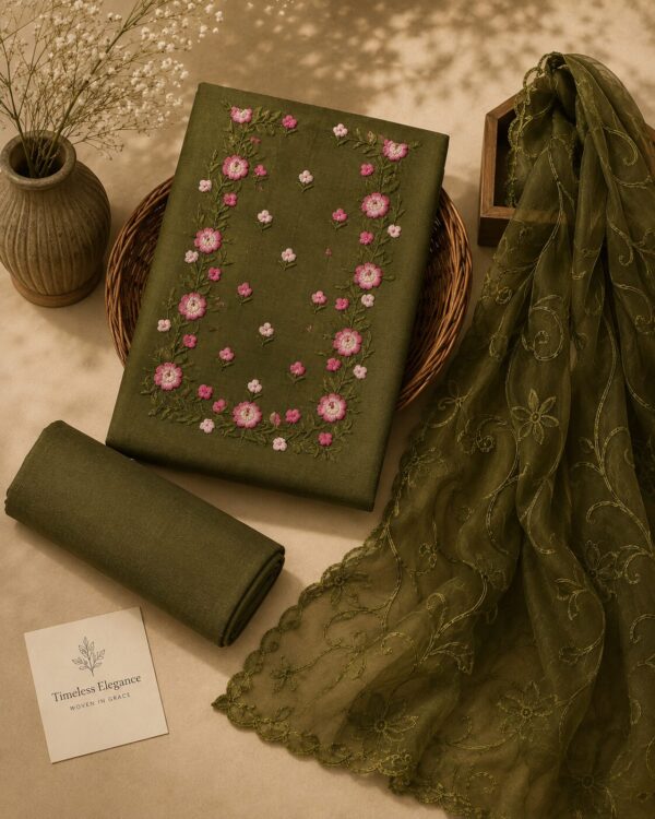 MJ203 (3) Olive Bloom Rayon Chudi Material with floral embroidery and matching embroidered net dupatta