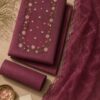 Wine Floral Dress Material for Women with floral embroidery and matching embroidered dupatta