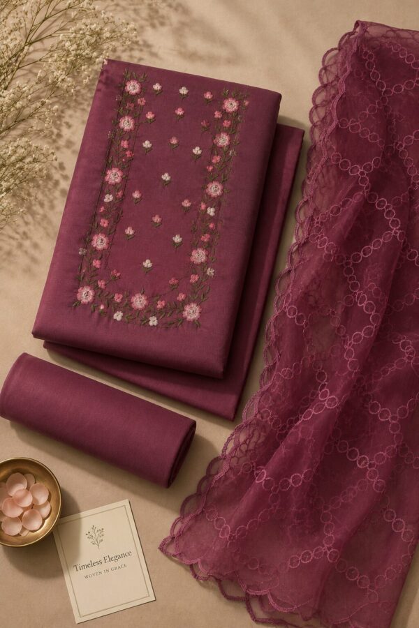 Wine Floral Dress Material for Women with floral embroidery and matching embroidered dupatta