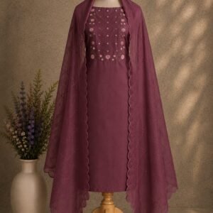 Wine Floral Dress Material for Women with floral embroidery and matching embroidered dupatta