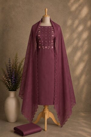 MJ204 (2) Wine Floral Dress Material for Women with floral embroidery and matching embroidered dupatta