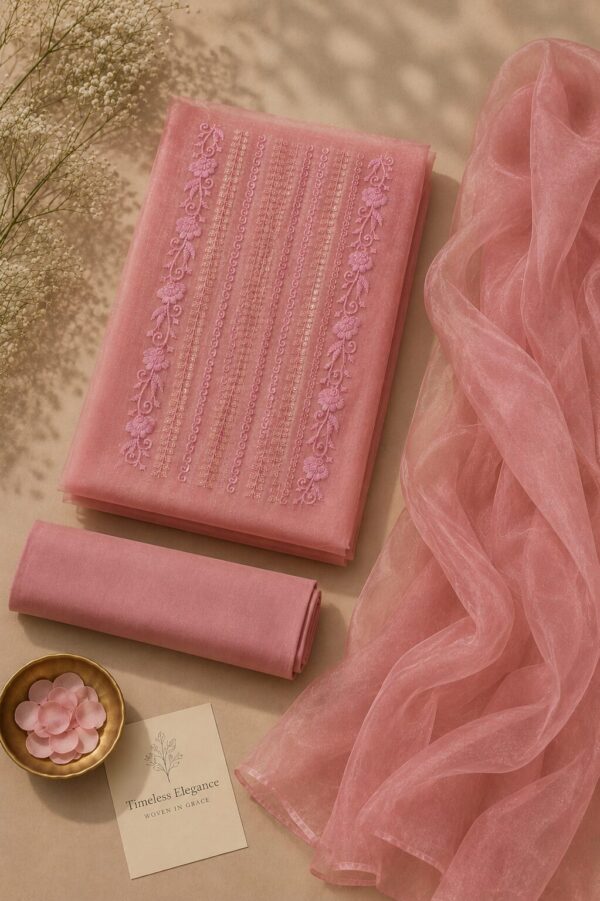 MJ205 (1) Blush Pink Net Suit Material with embroidered net top, rayon bottom and matching embroidered dupatta