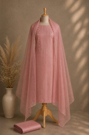 Blush Pink Net Suit Material with embroidered net top, rayon bottom and matching embroidered dupatta