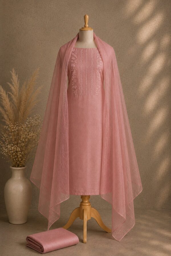 MJ205 (2) Blush Pink Net Suit Material with embroidered net top, rayon bottom and matching embroidered dupatta