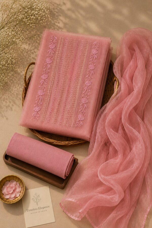 MJ205 (3) Blush Pink Net Suit Material with embroidered net top, rayon bottom and matching embroidered dupatta