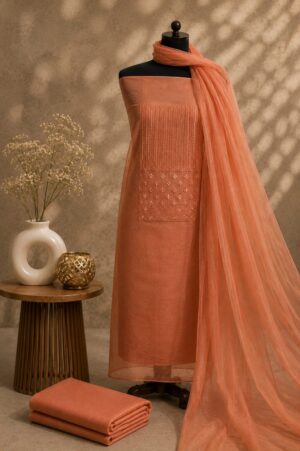 MJ206 (4) Peach Orange Festival Wear Dress Material with embroidered net top, rayon bottom and matching dupatta