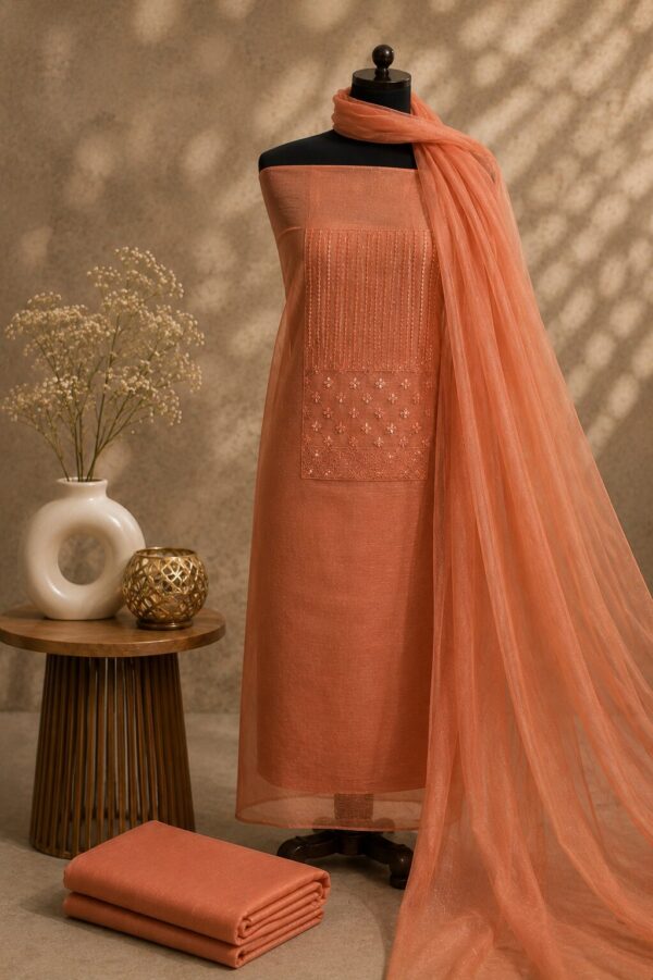 MJ206 (4) Peach Orange Festival Wear Dress Material with embroidered net top, rayon bottom and matching dupatta