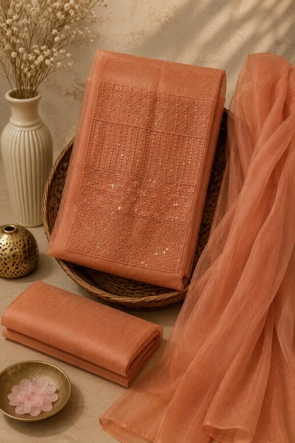 MJ206 (5) Peach Orange Festival Wear Dress Material with embroidered net top, rayon bottom and matching dupatta