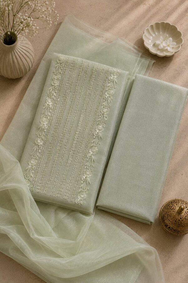 MJ207 (1) Light Green Net Chudi Material with Dupatta featuring embroidered net top and rayon bottom