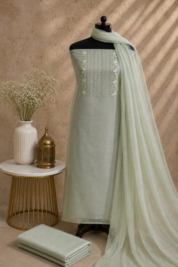 MJ207 (2) Light Green Net Chudi Material with Dupatta featuring embroidered net top and rayon bottom