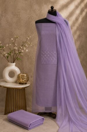 MJ208 (2) Lilac Party Wear Suit Material with embroidered net top, rayon bottom and matching embroidered net dupatta
