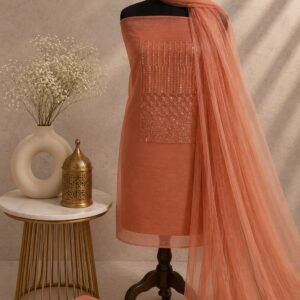 Light Orange Transparent Net Chudi Material with Rayon Bottom and matching net dupatta