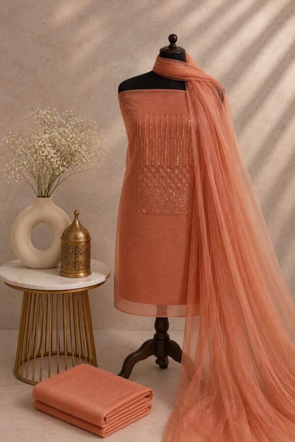 MJ210 (1) Light Orange Transparent Net Chudi Material with Rayon Bottom and matching net dupatta
