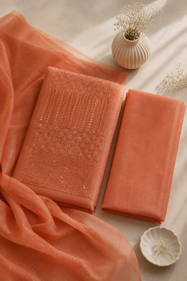 MJ210 (2) Light Orange Transparent Net Chudi Material with Rayon Bottom and matching net dupatta
