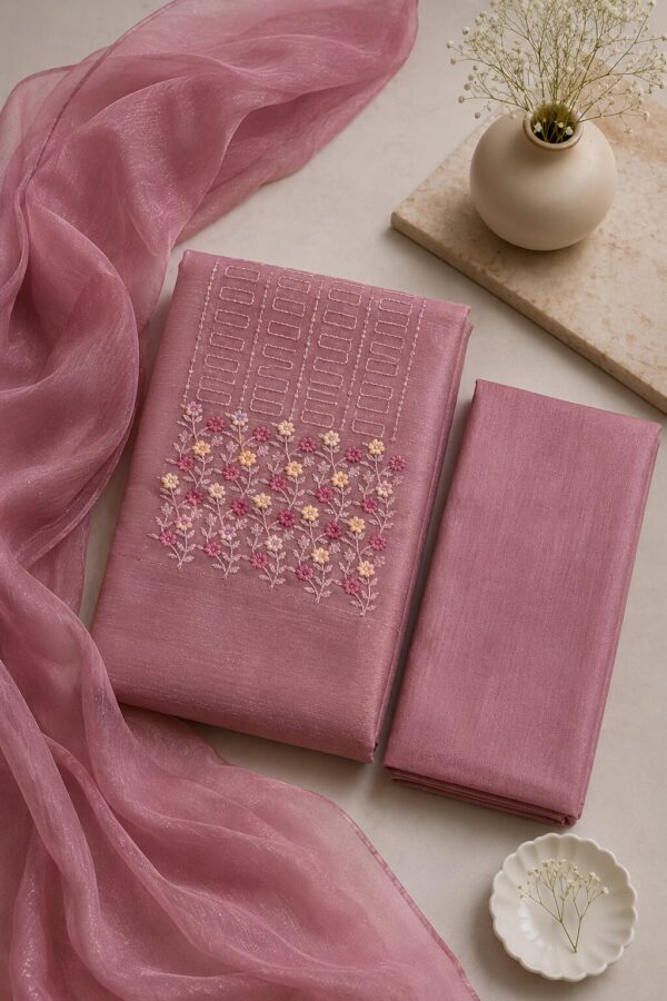 MJ211 (1) Floral Embroidered Rose Chudi Material Set with embroidered net top, silk blend bottom and matching net dupatta