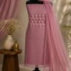 MJ211 (2) Floral Embroidered Rose Chudi Material Set with embroidered net top, silk blend bottom and matching net dupatta