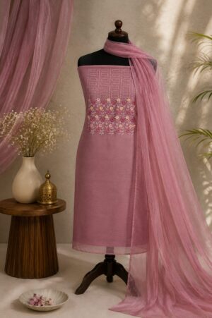 Floral Embroidered Rose Chudi Material Set with embroidered net top, silk blend bottom and matching net dupatta