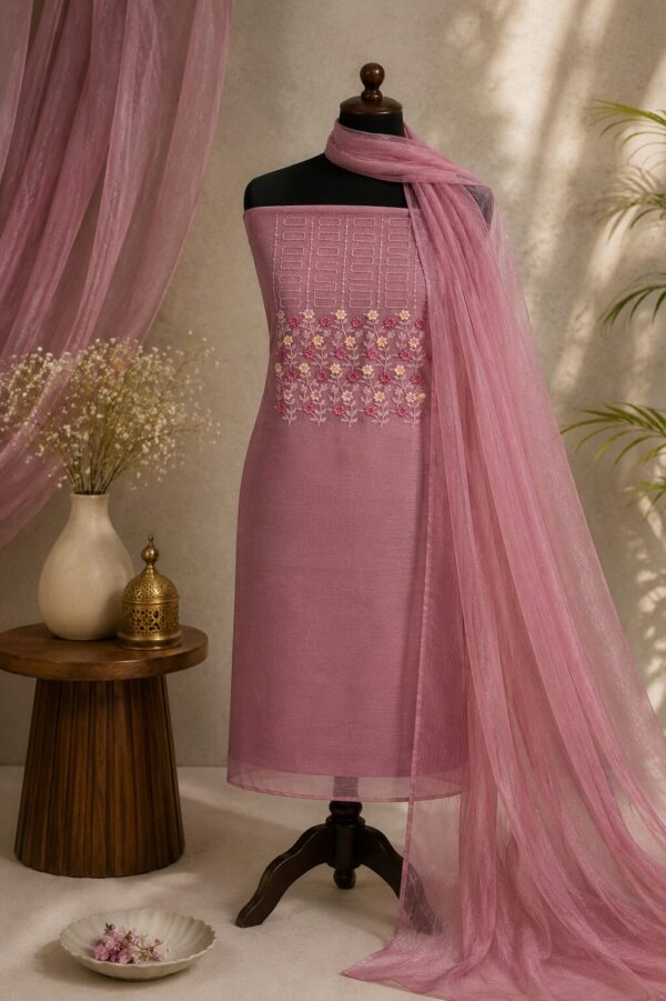 MJ211 (2) Floral Embroidered Rose Chudi Material Set with embroidered net top, silk blend bottom and matching net dupatta