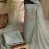 MJ212 (1) Mint Green Unstitched Dress Material for Women with floral embroidered net top, silk blend bottom and matching net dupatta