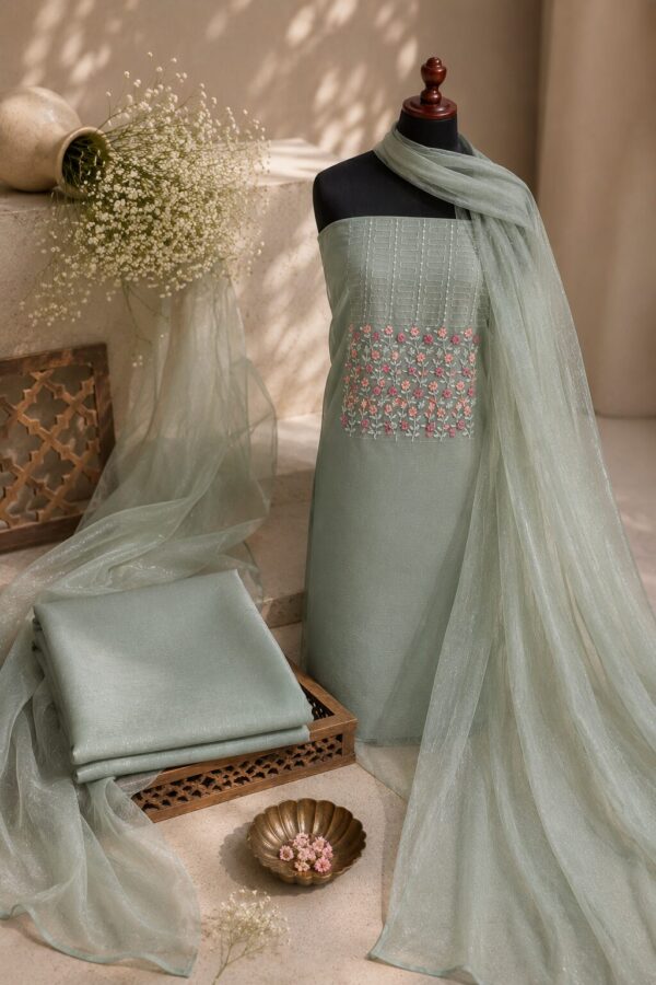 MJ212 (1) Mint Green Unstitched Dress Material for Women with floral embroidered net top, silk blend bottom and matching net dupatta