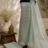 MJ212 (2) Mint Green Unstitched Dress Material for Women with floral embroidered net top, silk blend bottom and matching net dupatta