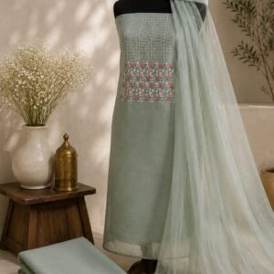 Mint Green Unstitched Dress Material for Women with floral embroidered net top, silk blend bottom and matching net dupatta