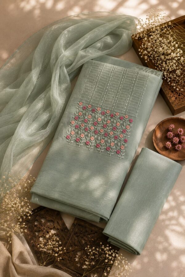 MJ212 (3) Mint Green Unstitched Dress Material for Women with floral embroidered net top, silk blend bottom and matching net dupatta
