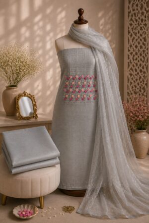 MJ214 (2) Mist Grey Chudi Material with Silk Blend Bottom featuring embroidered net top and matching net dupatta