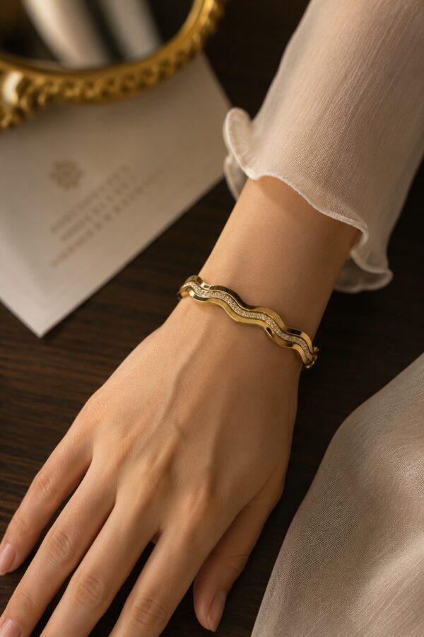 Wavy Gold Anti Tarnish Bracelet for Women Elegant Gold Bracelet with Crystal Accents