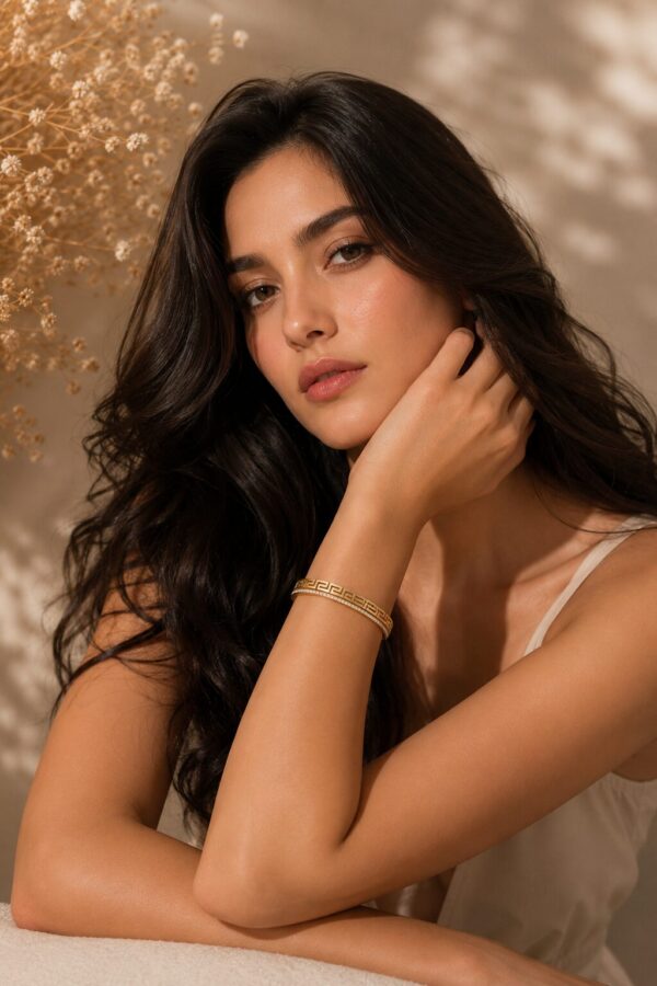 Luxury Greek Key Gold Anti Tarnish Bracelet for Women with Crystal Accents