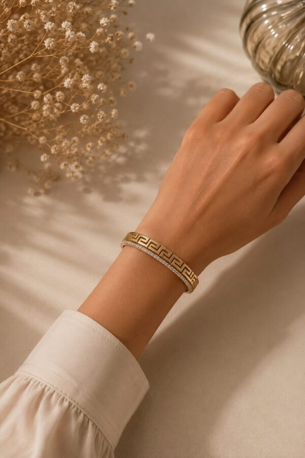 Luxury Greek Key Gold Anti Tarnish Bracelet for Women with Crystal Accents