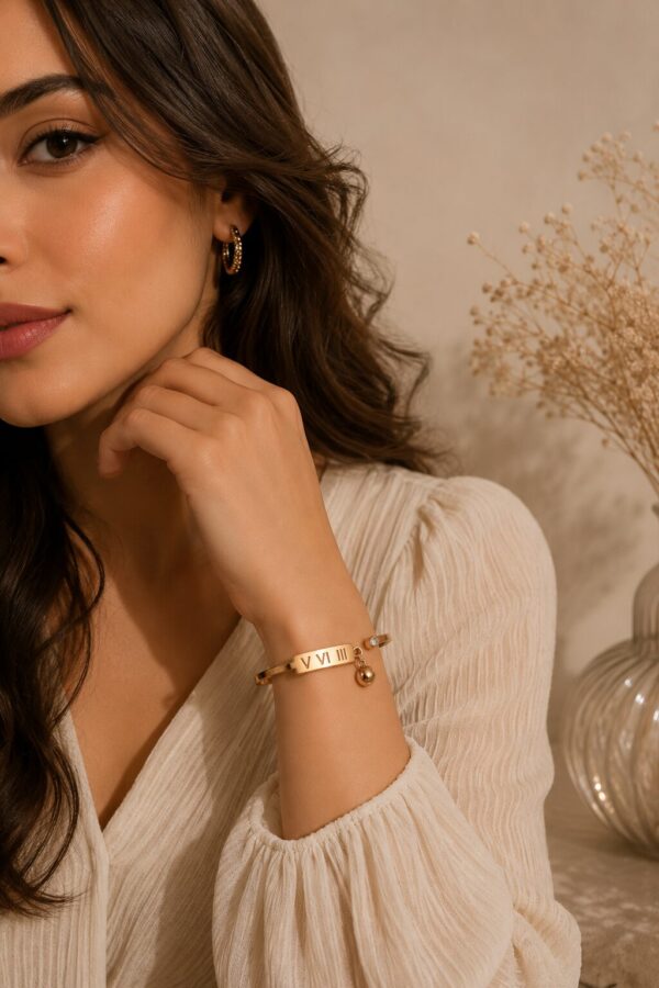 Personalized Roman Numeral Gold Anti Tarnish Bracelet for Women with Crystal Accents