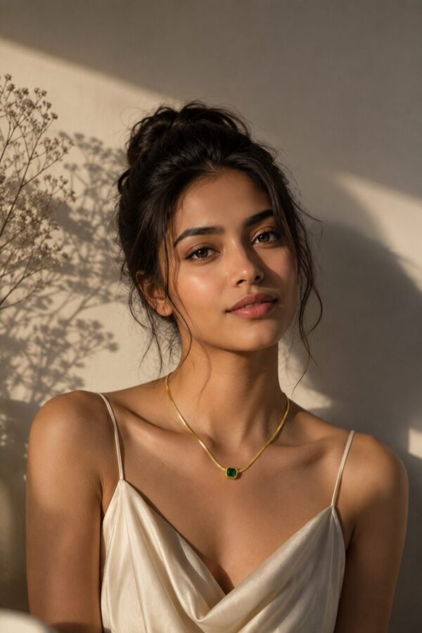 Green Crystal Gold Short Chain Necklace for Women featuring a radiant green crystal and elegant gold-tone chain