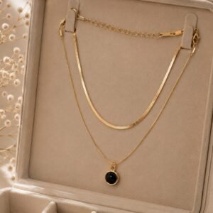 Black Stone Pendant Double Layer Necklace for Women with elegant black stone pendant and layered chain design