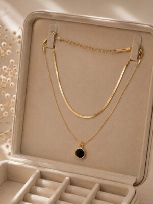 Black Stone Pendant Double Layer Necklace for Women with elegant black stone pendant and layered chain design