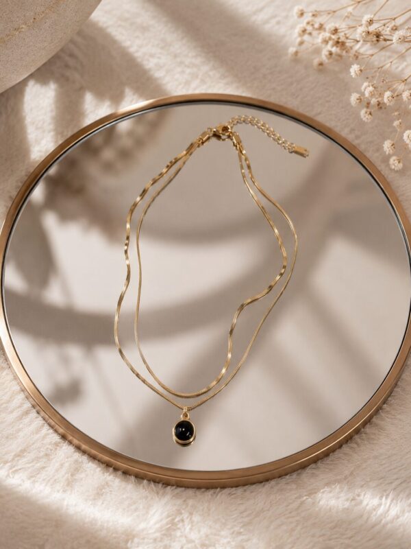 Black Stone Pendant Double Layer Necklace for Women with elegant black stone pendant and layered chain design