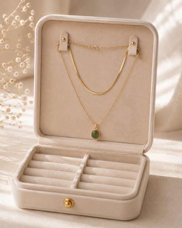 Layered Green Stone Short Chain Necklace for Women with elegant green gemstone pendant and gold-tone layered chain